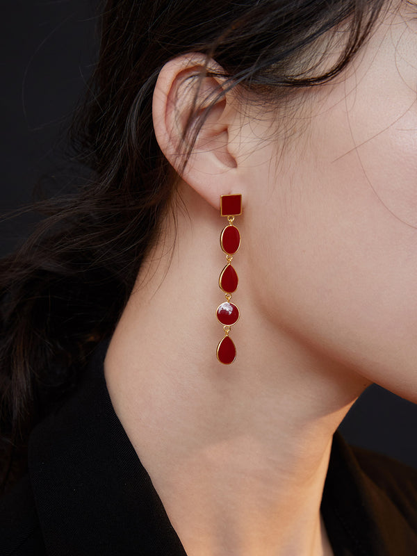 Chinese red drop glaze vertical earrings